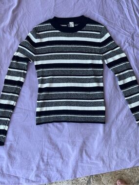 H&M Striped Ribbed Crewneck Sweater - Black, White, Gray